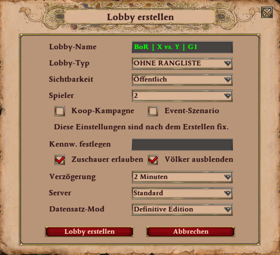 Lobby Creation Einstellungen