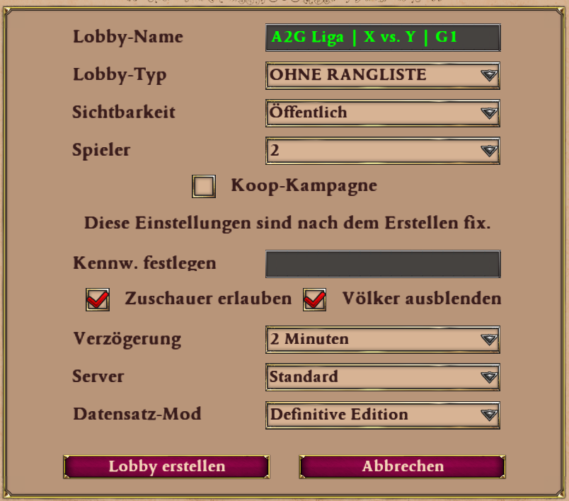 Lobby Creation Einstellungen