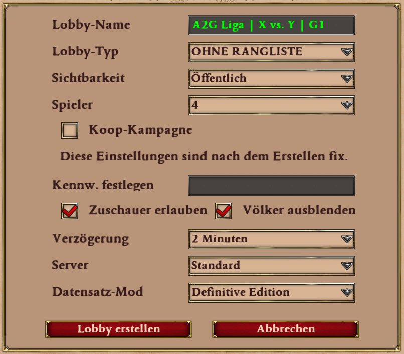 Lobby Creation Einstellungen